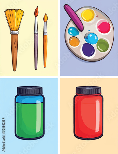 A vibrant art set of watercolor paints, brushes, and palette is perfect for school and artistic creativity