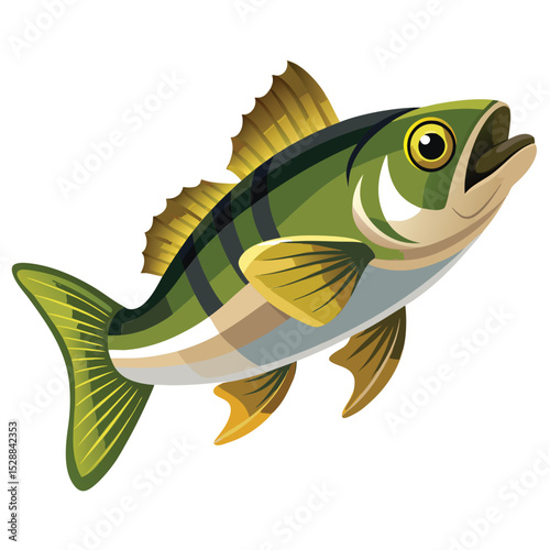 Illustration of a green and yellow striped cartoon fish