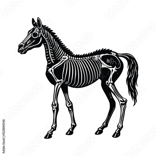 black and white image of a horse skelet vector design 