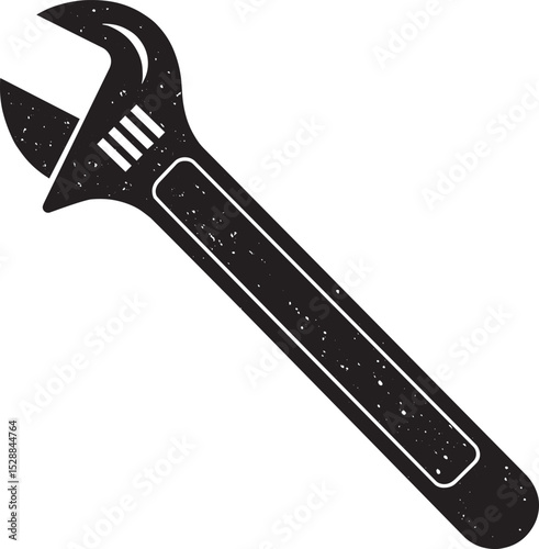 Simple black and white adjustable wrench icon, impactful graphic of an adjustable wrench in black and white.