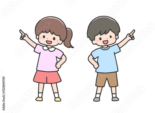 指差しポーズの女の子と男の子