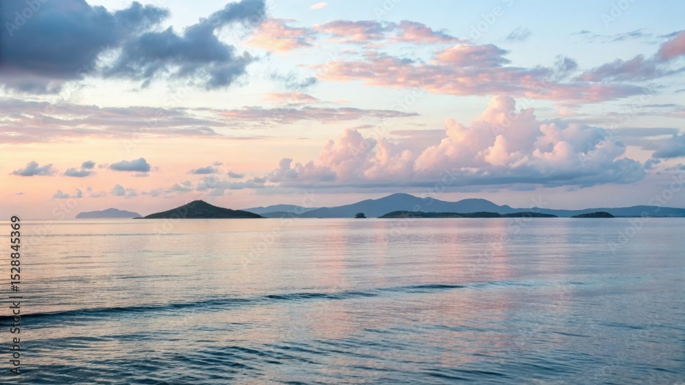 Obraz premium Island silhouettes in still sea at dusk