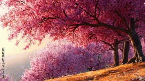 Majestic Spring Cherry Blossom Trees with Mountain Background