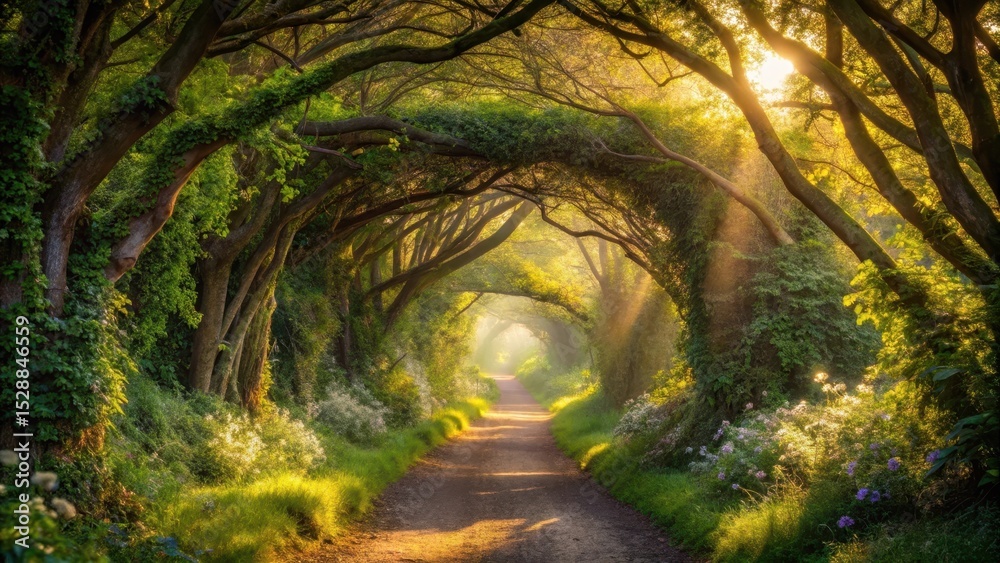 Naklejka premium Sunlit Path Through an Enchanting Canopy of Lush Green Trees and Blooming Flowers