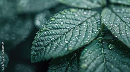 A macro shot of vibrant green leaves adorned with tiny droplets of water, showcasing the beauty of nature and the refreshing essence of dew on a serene, tranquil morning.