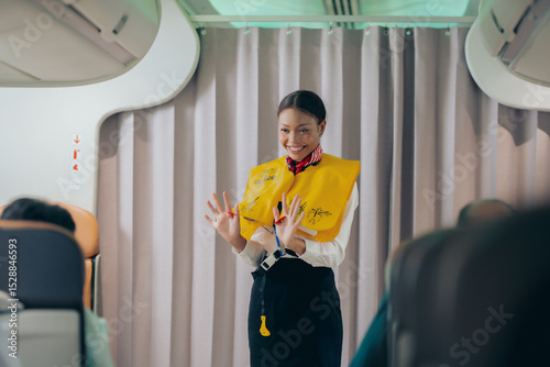 Wallpaper Mural The flight attendant on the plane demonstrates the safety rules on the plane in a professional manner, creating friendship and confidence. Torontodigital.ca