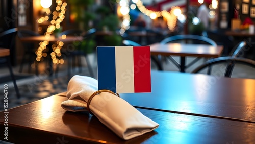 Tricolor-themed square card clipped to linen napkin ring on cobbled café table, concept for Bastille Day restaurant print ad