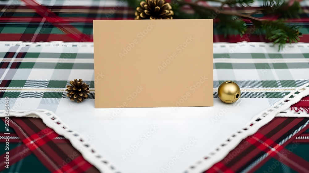 Fototapeta premium Flat kraft card placed diagonally across tartan holiday table runner, decorated with pinecone and small jingle bells