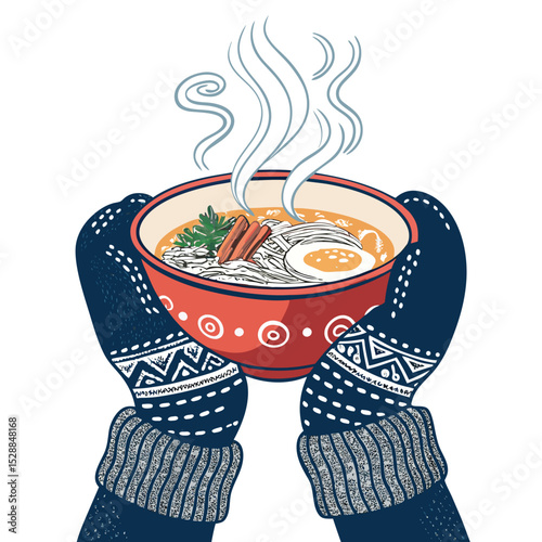 A steaming bowl of ramen, held warmly in thick winter gloves, against a snowy winter backdrop.  Snowflakes gently fall.