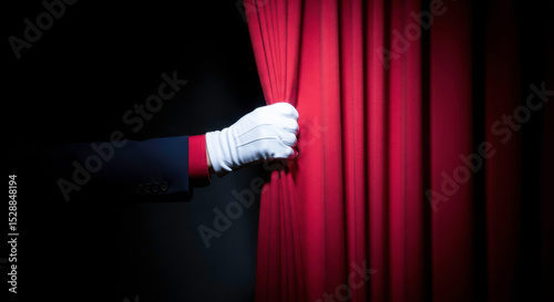 Red curtain stage show reveal theater performance opening act presentation announcement event photo