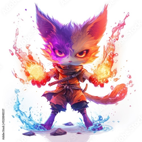 Cute yet fierce catlike mage wielding both fire and water magic on white background