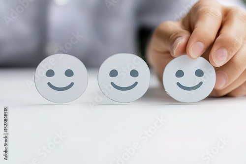 A hand is moving between three smiley face icons, one sad and two happy, on the table. The background is white with copy space. The color palette is beautiful. The concept represents emotional