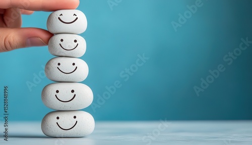 A hand placing white pebbles with happy faces on them in layers to form an office balance, symbolizing emotional well-being and the importance of mental health at work