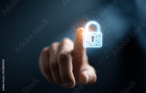 Hand holding a white, glowing padlock icon on a dark blue background with a network connection, representing a data protection or cyber security concept. 