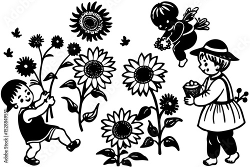 Children and sunflowers a black and white illustration