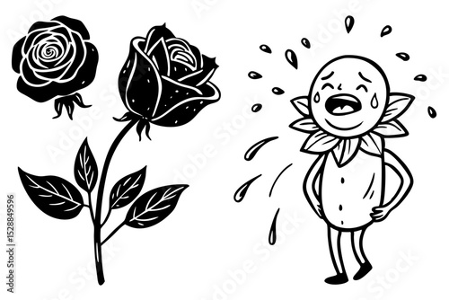 Black and white rose and crying flower character illustration