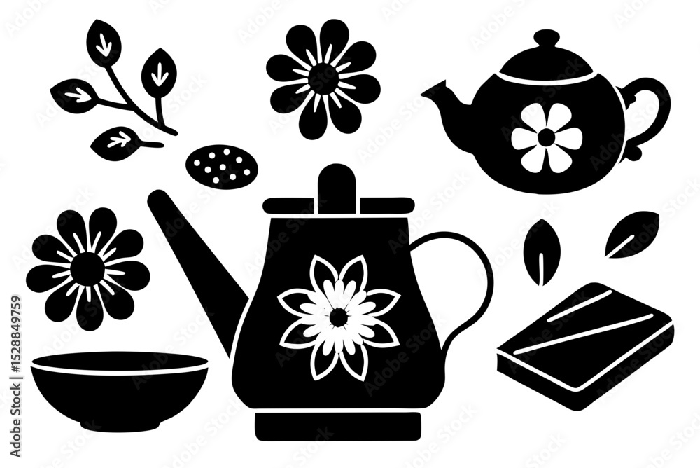 Floral teapot and coffee pot with accessories