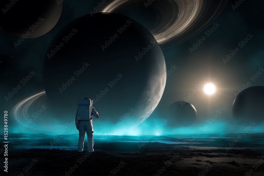 Fototapeta premium Astronaut gazes upon alien planet landscape