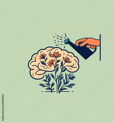 A minimalistic logo depicting a hand watering a brain, with flowers growing out from inside the brain, set against a green background. The color palette features orange and blue hues