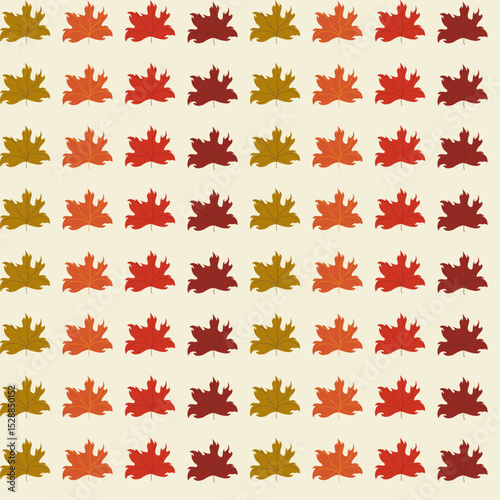 Seamless vector pattern of stylized autumn maple leaves in warm fall colors (red, orange, yellow, brown) on a light beige background. Striped design, perfect for seasonal decor and wrapping paper.