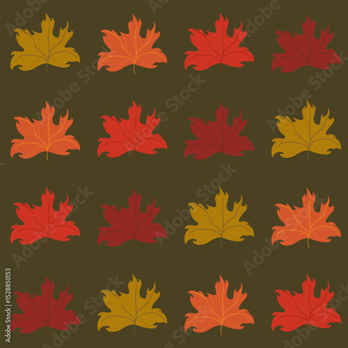 Seamless vector pattern of autumn maple leaves in warm colors (red, orange, yellow) on a dark green background. Ideal for fall-themed designs, textiles, and wrapping paper.