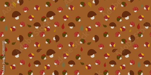 Seamless vector pattern of scattered cartoon mushrooms (brown, red, yellow) and autumn leaves (red, yellow, green) on a rustic reddish-brown background. Perfect for whimsical fall designs.