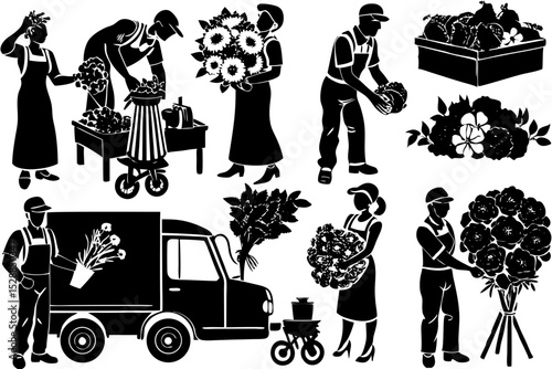 Black and white silhouettes of florists and flower delivery