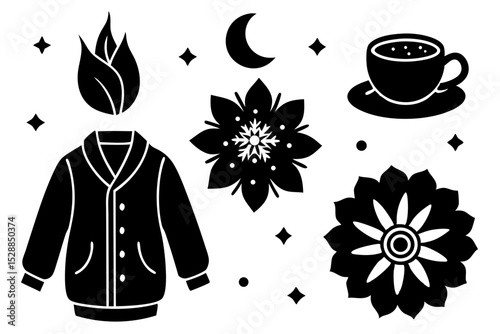 Black and white mystical illustration with flowers and coffee