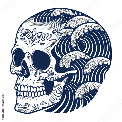 Create an isometric illustration of a skull formed by a stylized Japanese wave pattern, emphasizing intricate detail and strong contrast.