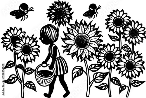 Girl gathering sunflower seeds in a field