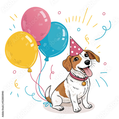 A joyful dog wearing a vibrant party hat, surrounded by colorful balloons, celebrating Bi Visibility Day.  Focus on the dog's happy expression.