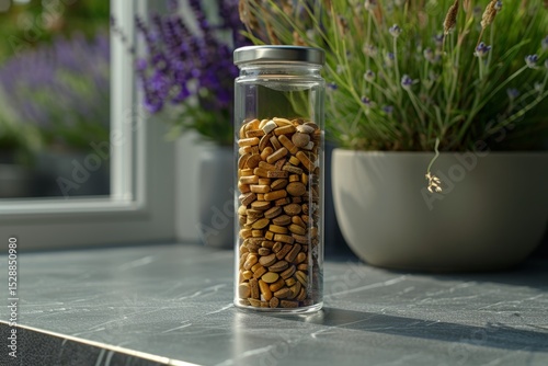 Collection of various pills and herbal remedies displayed in a transparent glass container