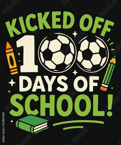 Sports-Themed 100 Days of School Vector Design with Soccer Balls, Books, Crayons, and Typography
