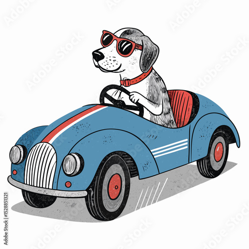 A cute blue-grey dog wearing sunglasses, happily driving a miniature blue toy car.  Focus on the joyful expression.
