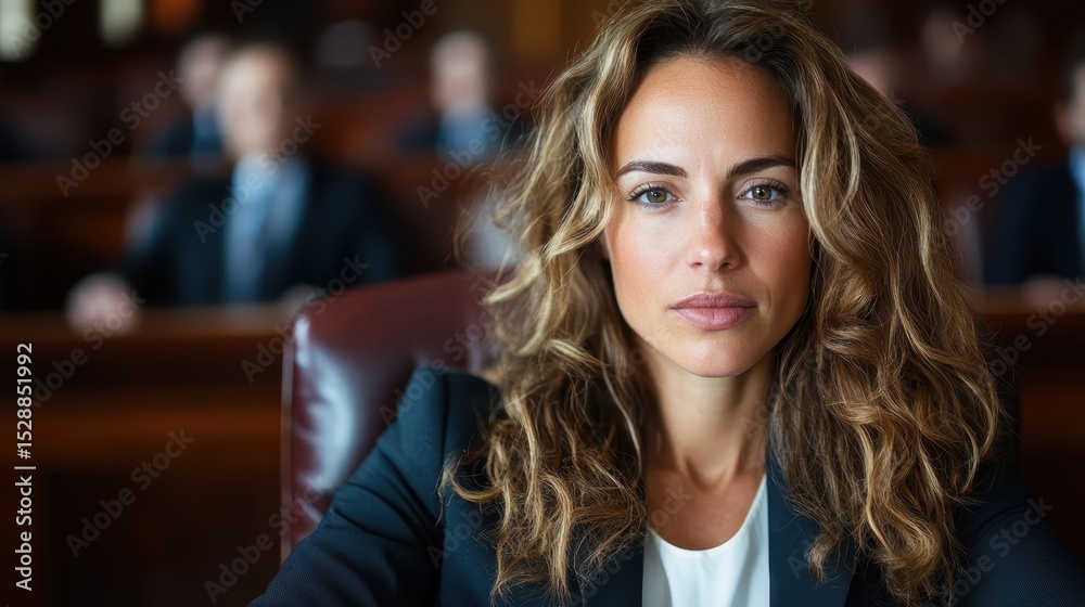 Obraz premium A poised female lawyer sits confidently in a courtroom, radiating determination and competence as she prepares for an important case, embodying strength and professionalism.