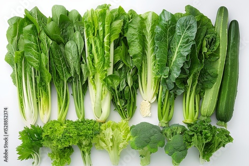 Vibrant collection of fresh green vegetables displayed on a clean white background