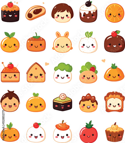Funny cartoon Food face icons vector set for kids
