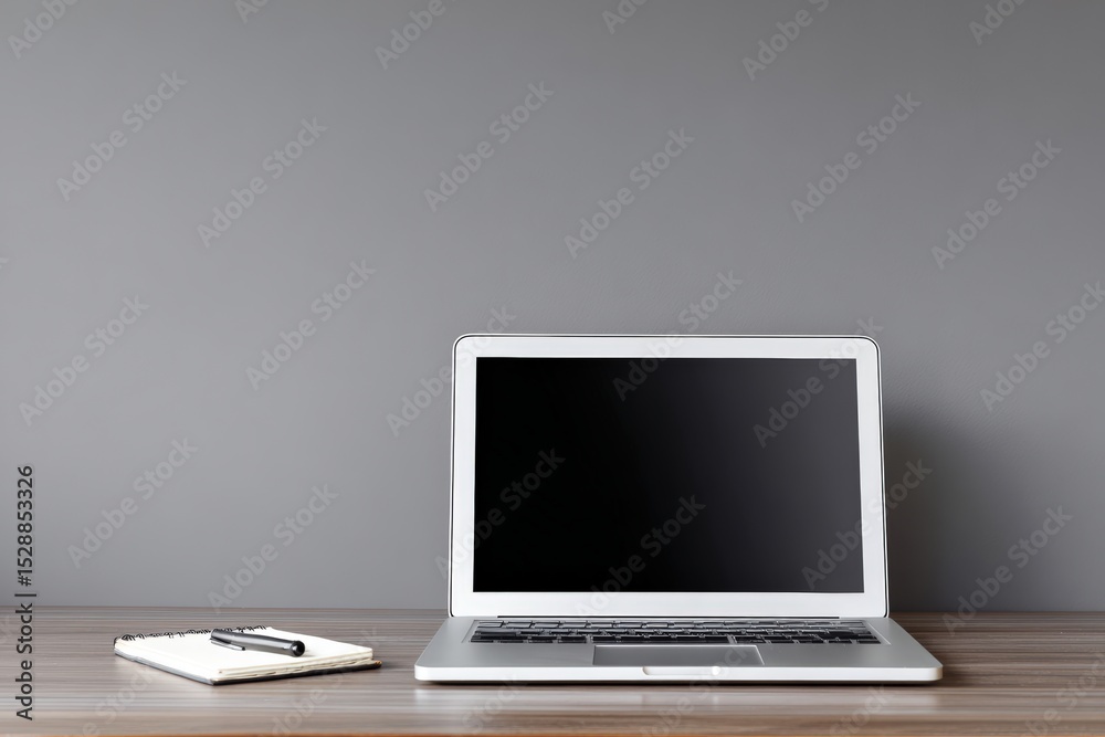 Fototapeta premium Laptop mock up on wooden desk with blank screen, accompanied by a notepad and pen, set against a minimalist gray wall, ideal for showcasing digital content or design projects