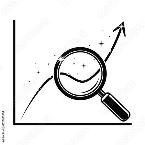 Magnifying glass analyzing upward trend graph
