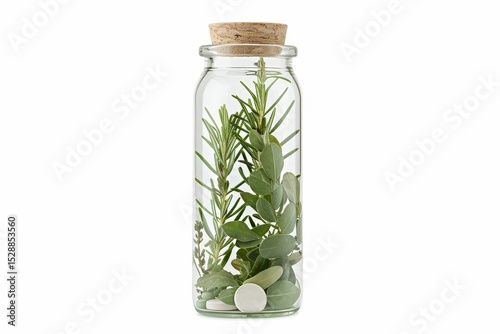 Variety of herbal remedies and capsules displayed in a transparent glass container