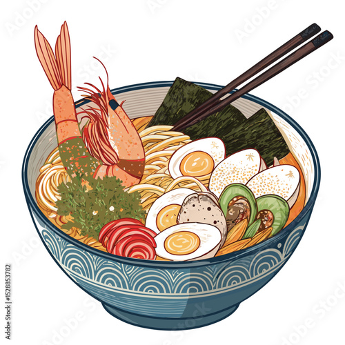 A steaming bowl of rich seafood ramen, overflowing with succulent shrimp, plump scallops, and vibrant noodles.  Garnished with fresh scallions.