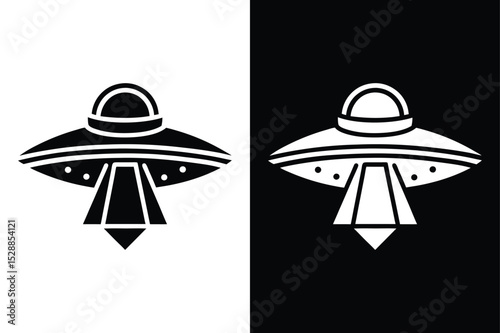 UFO Spaceship Icon Design. Silhouette Vector on Black and White