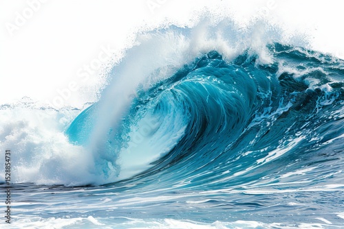 Curling ocean wave with foam and spray, isolated on a white background for visual impact