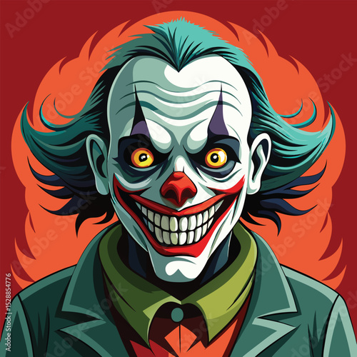 A clown with green hair and a sinister smile portrait art
