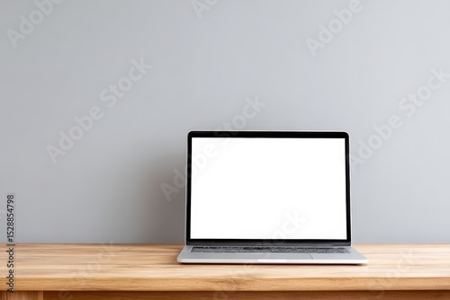 Laptop mock up with blank screen placed on wooden table against a minimalist gray wall, ideal for showcasing digital content or design projects in a modern workspace environment