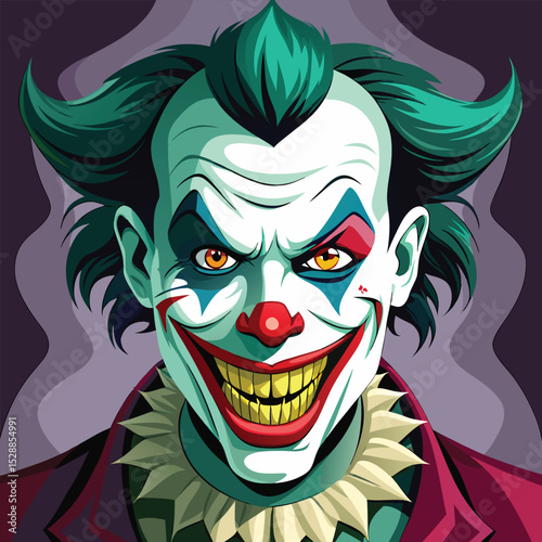 Illustration of a scary clown with green hair and makeup
