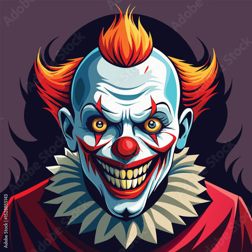 Illustrated scary clown with red nose and orange hair