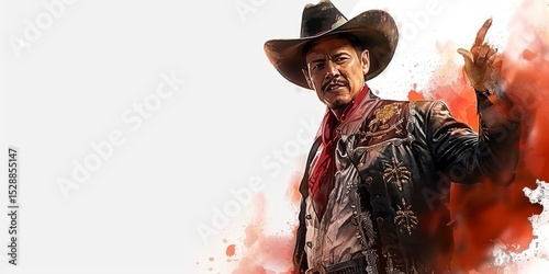 Mexican cowboy raising finger while wearing traditional clothes and sombrero