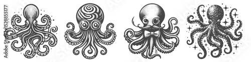 Vintage Hand-Drawn Octopus Collection Illustration, Marine Animal Engraved Style Vector for T-Shirts and Expression and Formal Themes Design