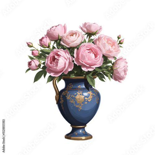 Wallpaper Mural Vintage blue porcelain vase with gold patterns, filled with pink peonies and roses on a white background, luxurious and classic. Torontodigital.ca